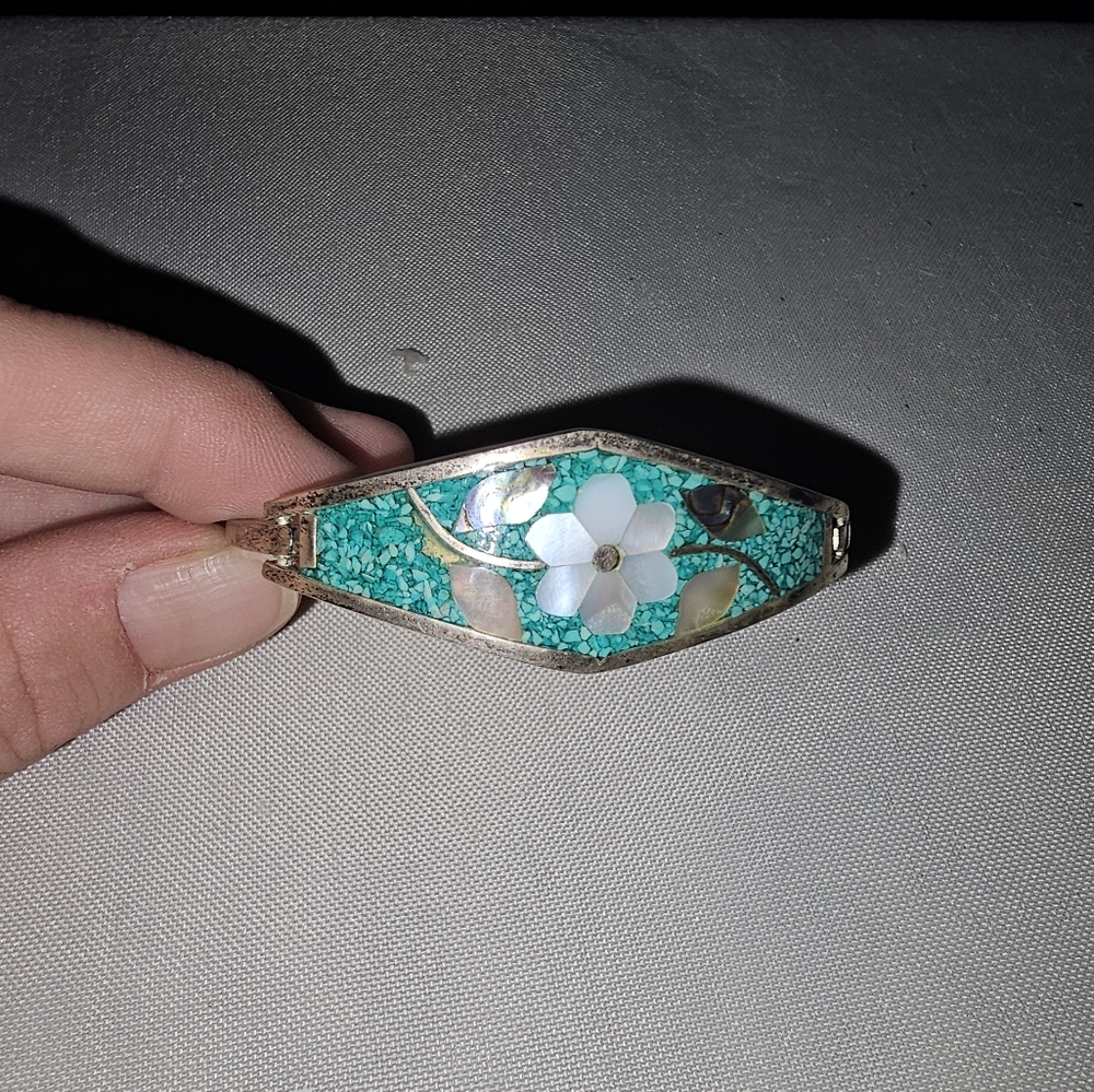 Mexico Silver Turquoise Floral Inlay Bracelet